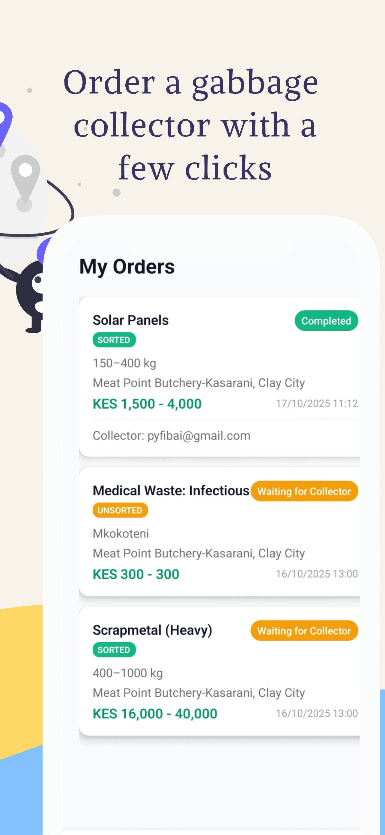 Orders list with categories and sorted status