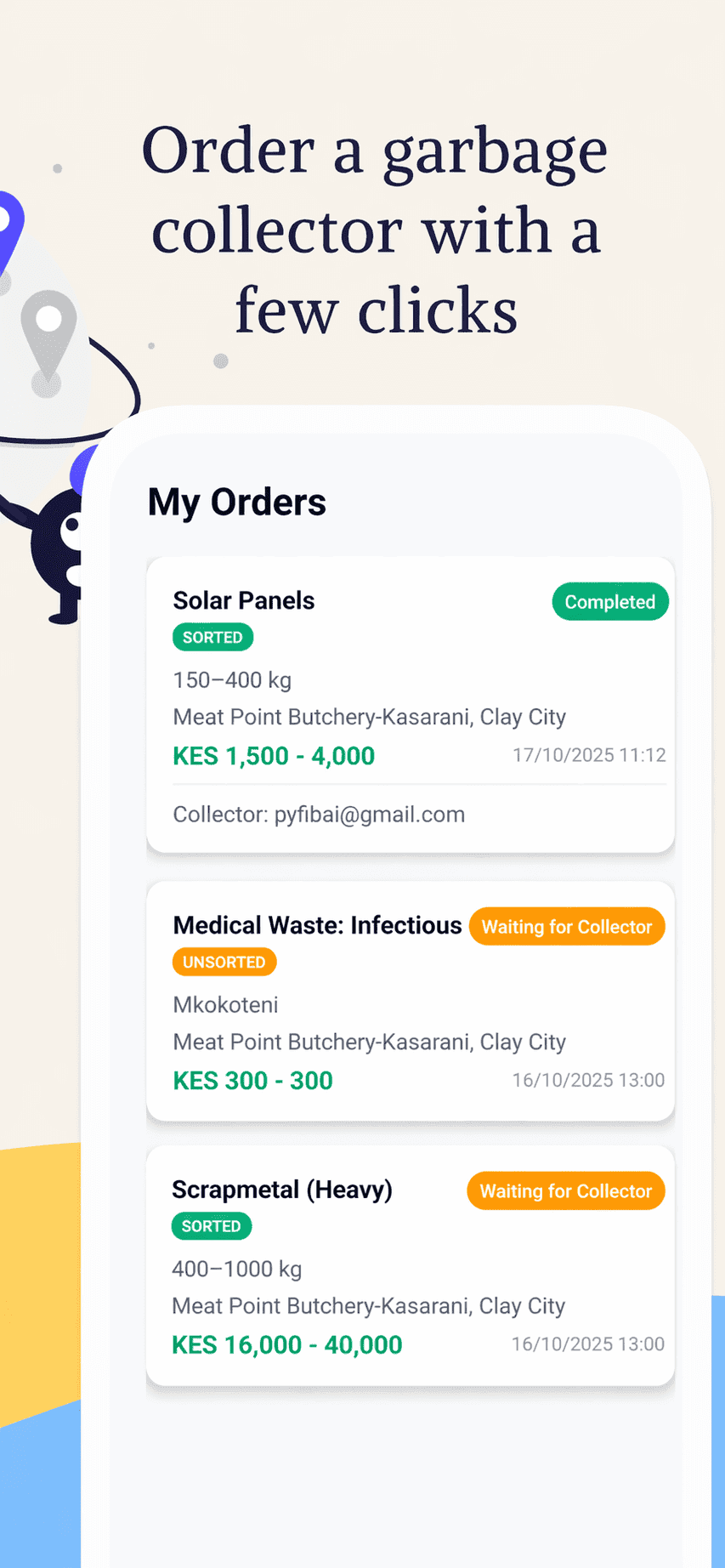 Orders list with categories and sorted status