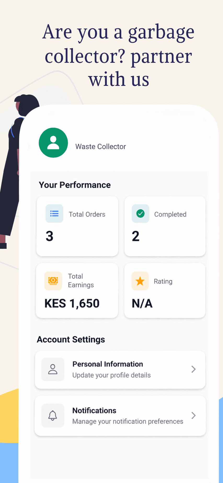 User profile with stats and account controls